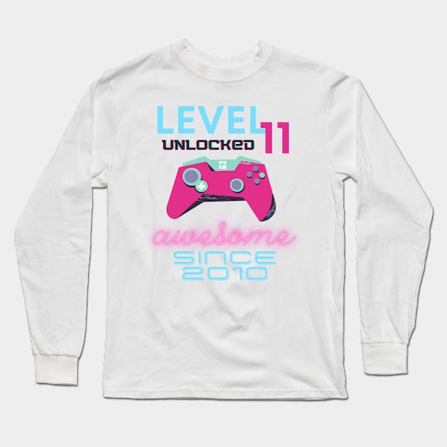 Level 11 Unlocked Awesome 2010 Video Gamer Long Sleeve T-Shirt by Fabled Rags 